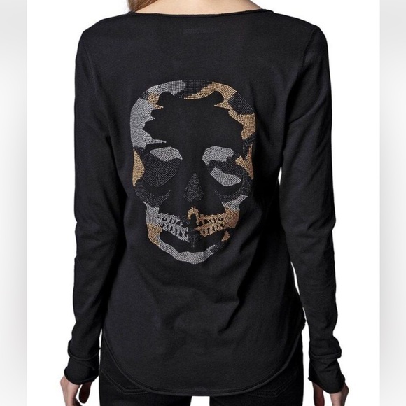 ZADIG & VOLTAIRE TUNISIEN CAMO SKULL STRASS  LONG SLEEVE T-SHIRT - Picture 1 of 7